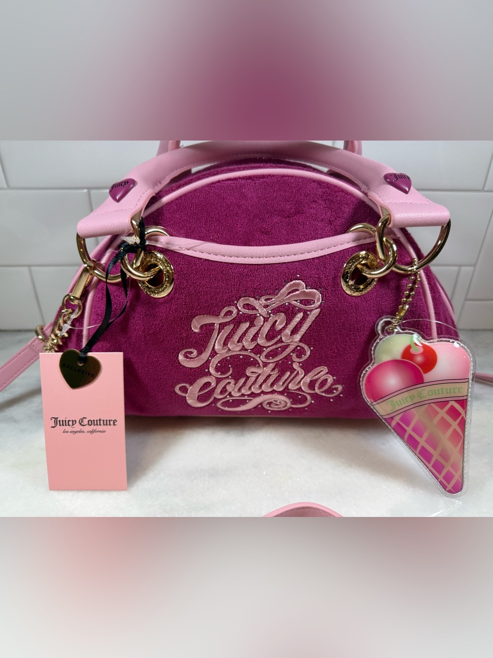 JUICY COUTURE Sugar Rush Velour Satchel Bowler Bag Ice Cone Charm Raspberry Tart